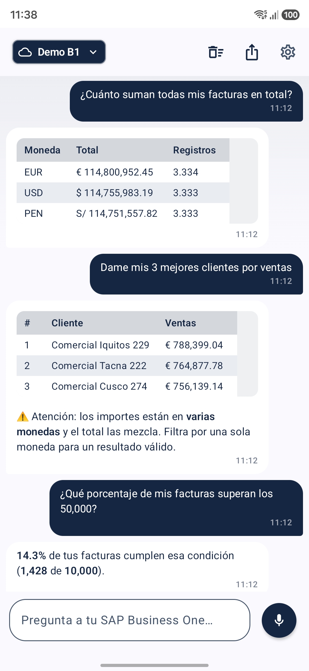 Aski sobre SAP Business One: facturas por moneda y top de clientes