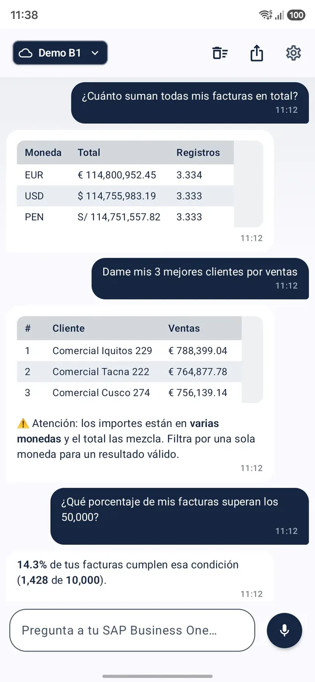Aski sobre SAP Business One: facturas por moneda y top de clientes