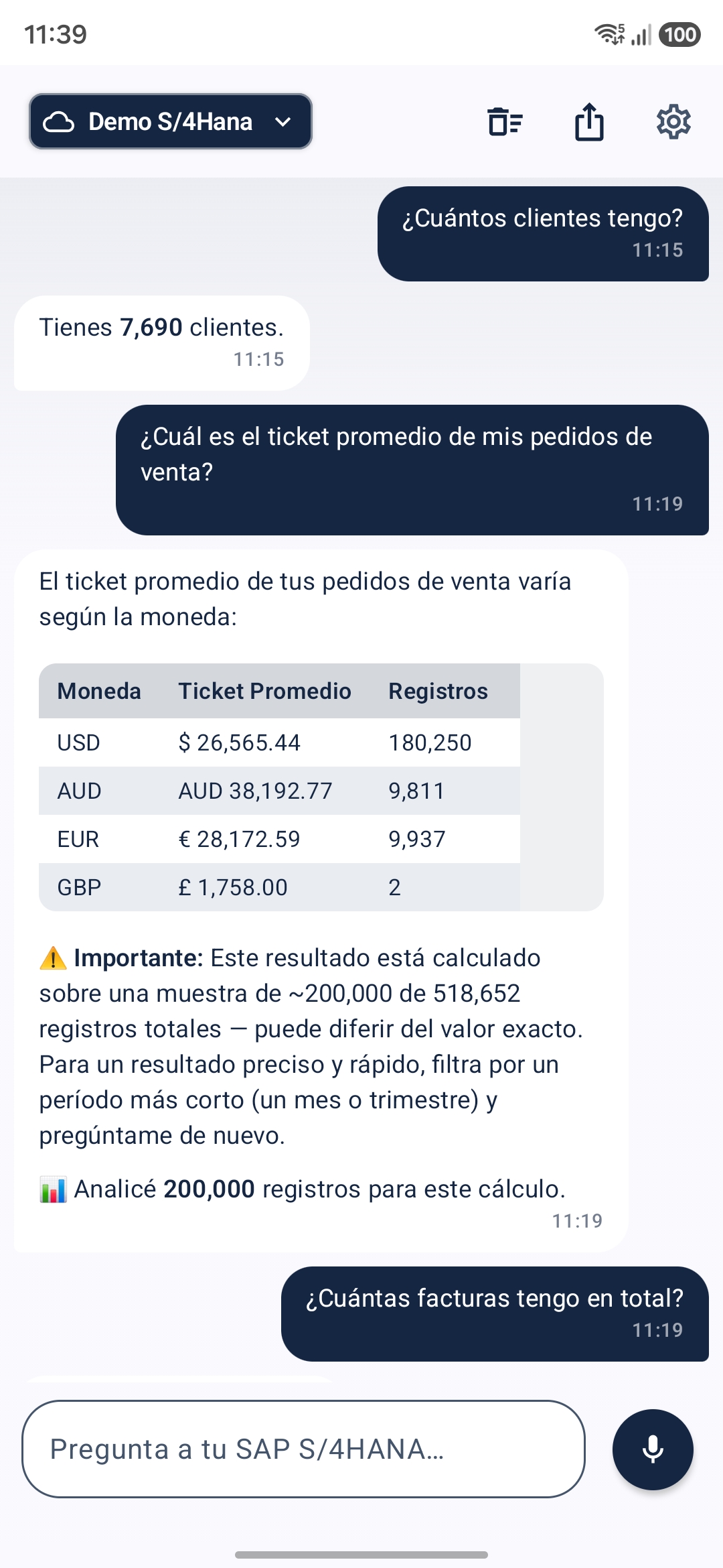 Aski sobre SAP S/4HANA: ticket promedio por moneda