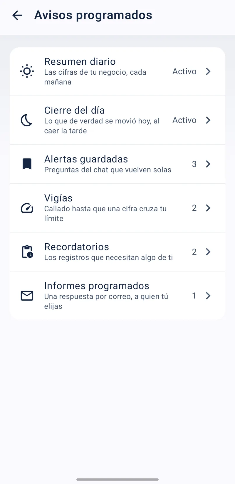 Aski en Android: avisos programados — resumen diario, cierre del dia, alertas guardadas, vigias, recordatorios e informes por correo