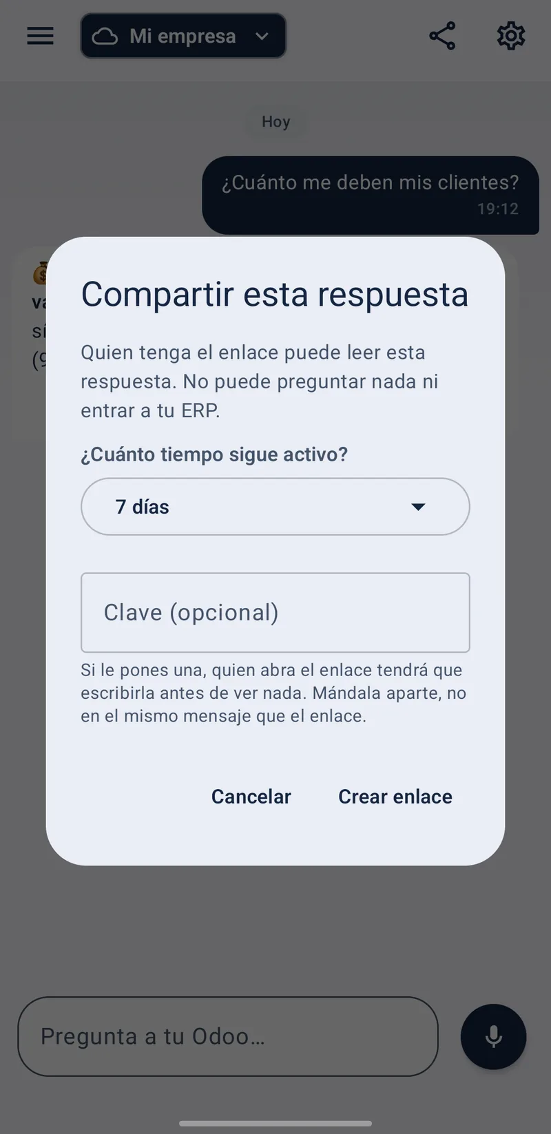Aski en Android: compartir una respuesta por enlace, eligiendo cuantos dias sigue activo y con clave opcional