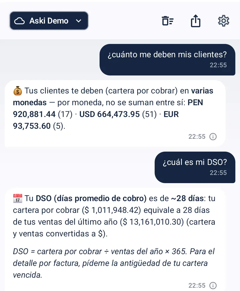 Aski: cuánto te deben y DSO por moneda en Odoo