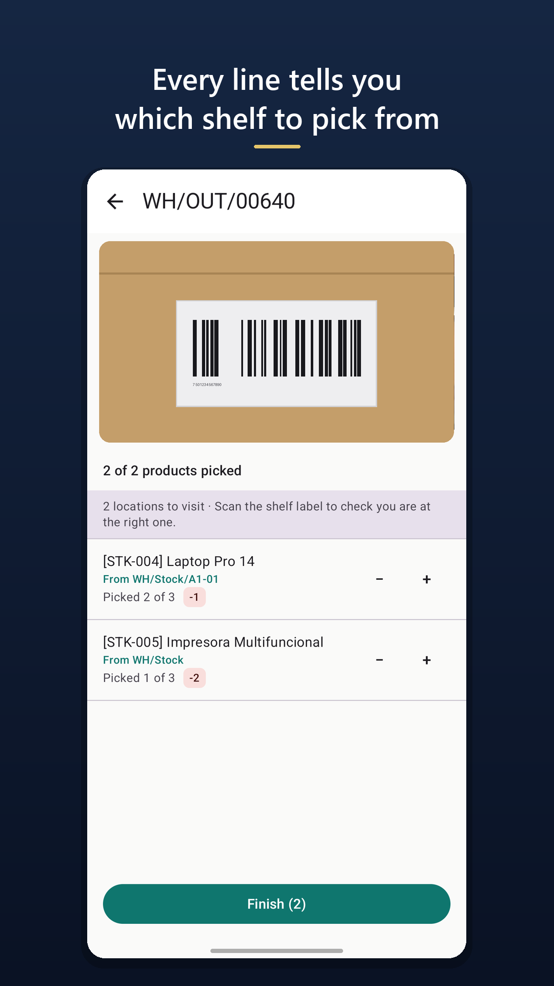Stocka: picking an order, with the source shelf on every line