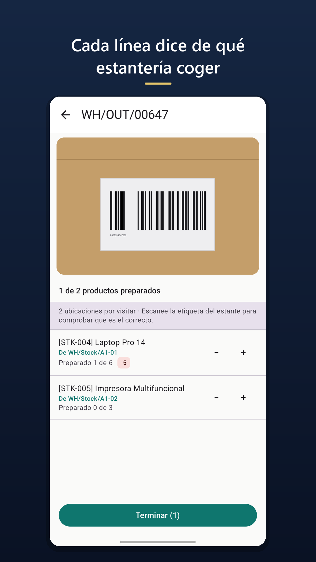 Stocka: preparando un pedido, con la estantería de origen en cada línea