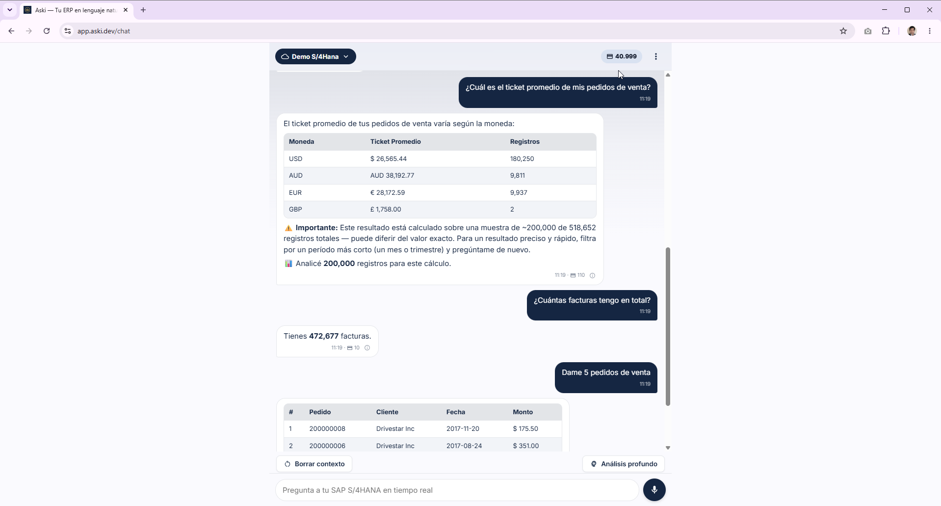 Aski en la web: ticket promedio por moneda en SAP S/4HANA