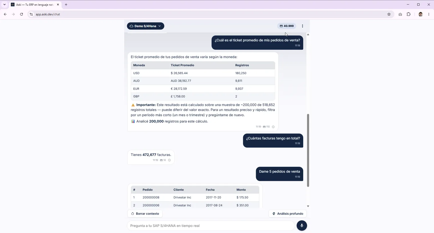 Aski en la web: ticket promedio por moneda en SAP S/4HANA
