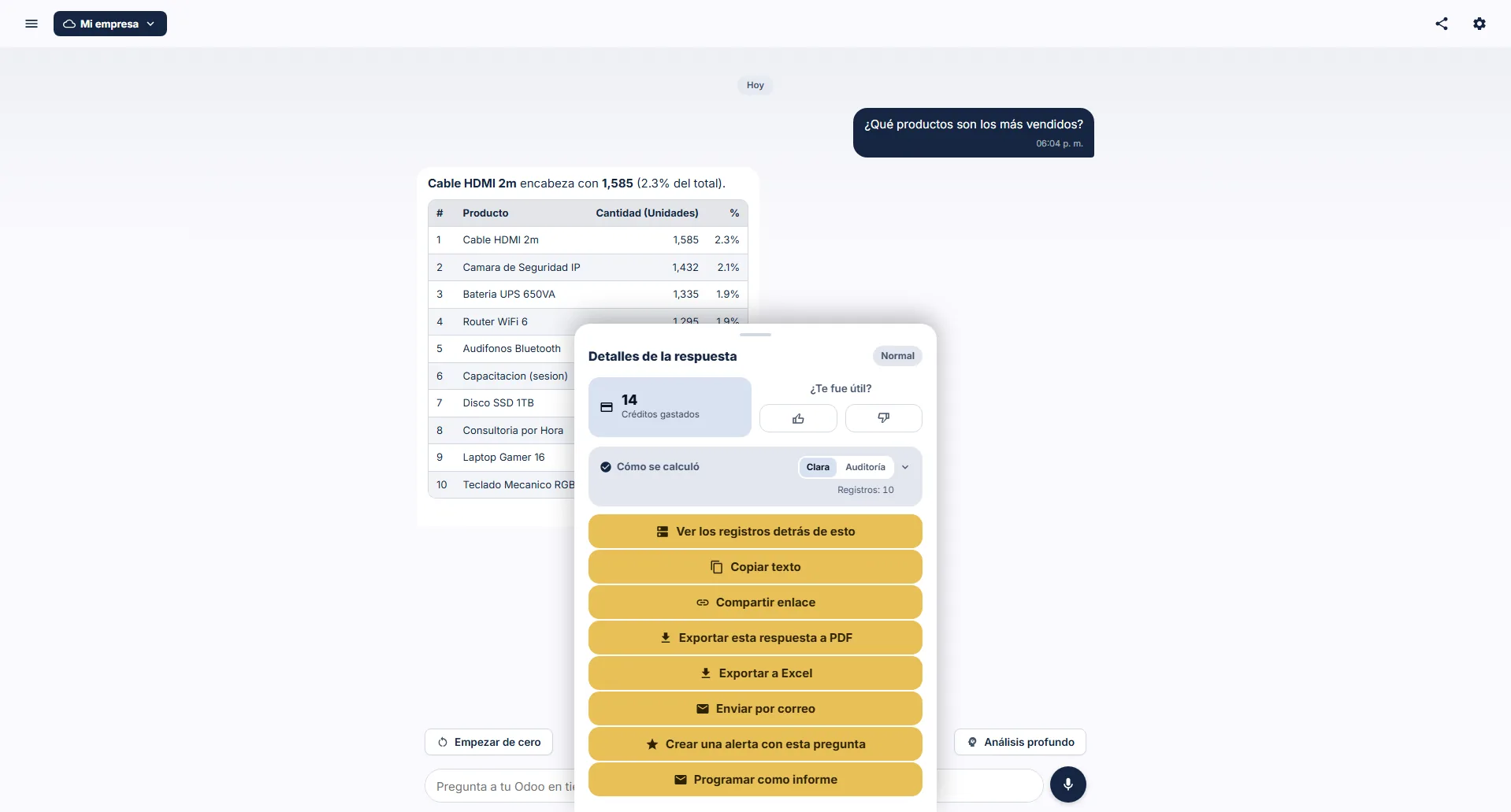 Aski en la web: como se calculo la respuesta, ver los registros detras de ella, compartir por enlace, exportar a PDF o Excel, enviar por correo, crear una alerta y programar un informe