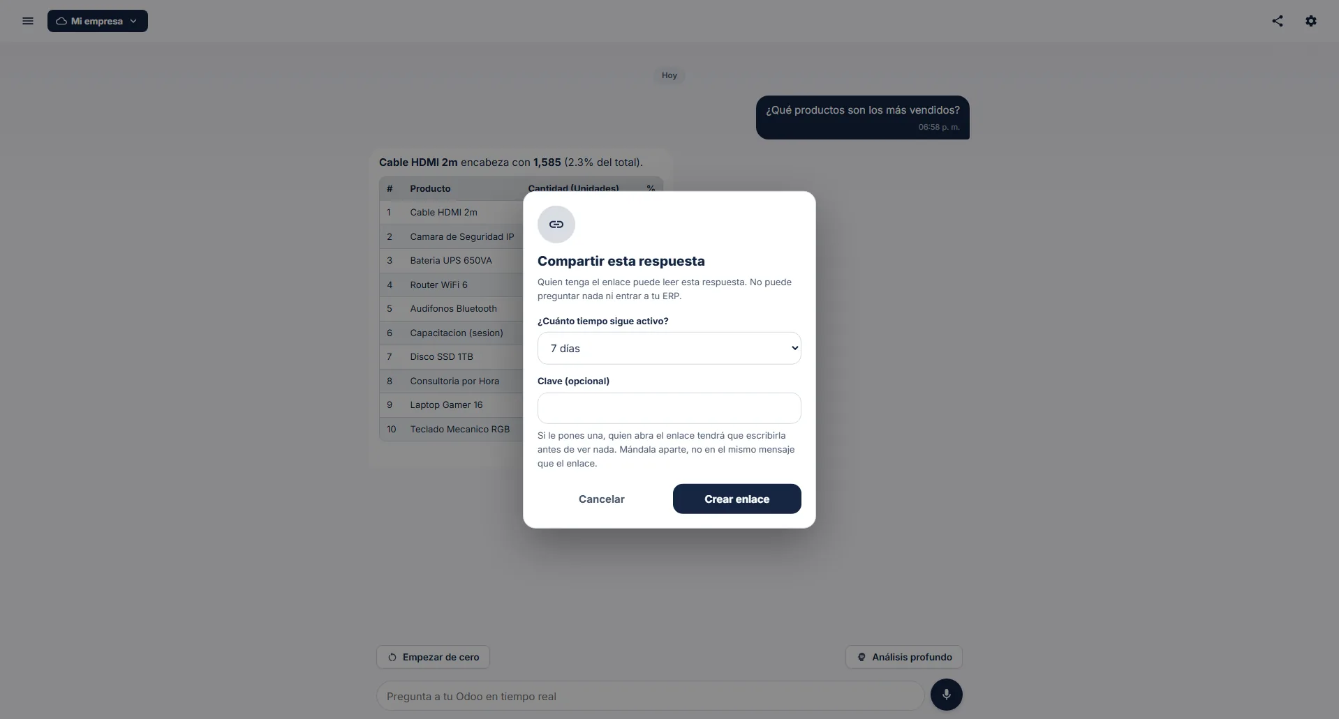 Aski en la web: compartir una respuesta por enlace, eligiendo cuantos dias sigue activo y con clave opcional