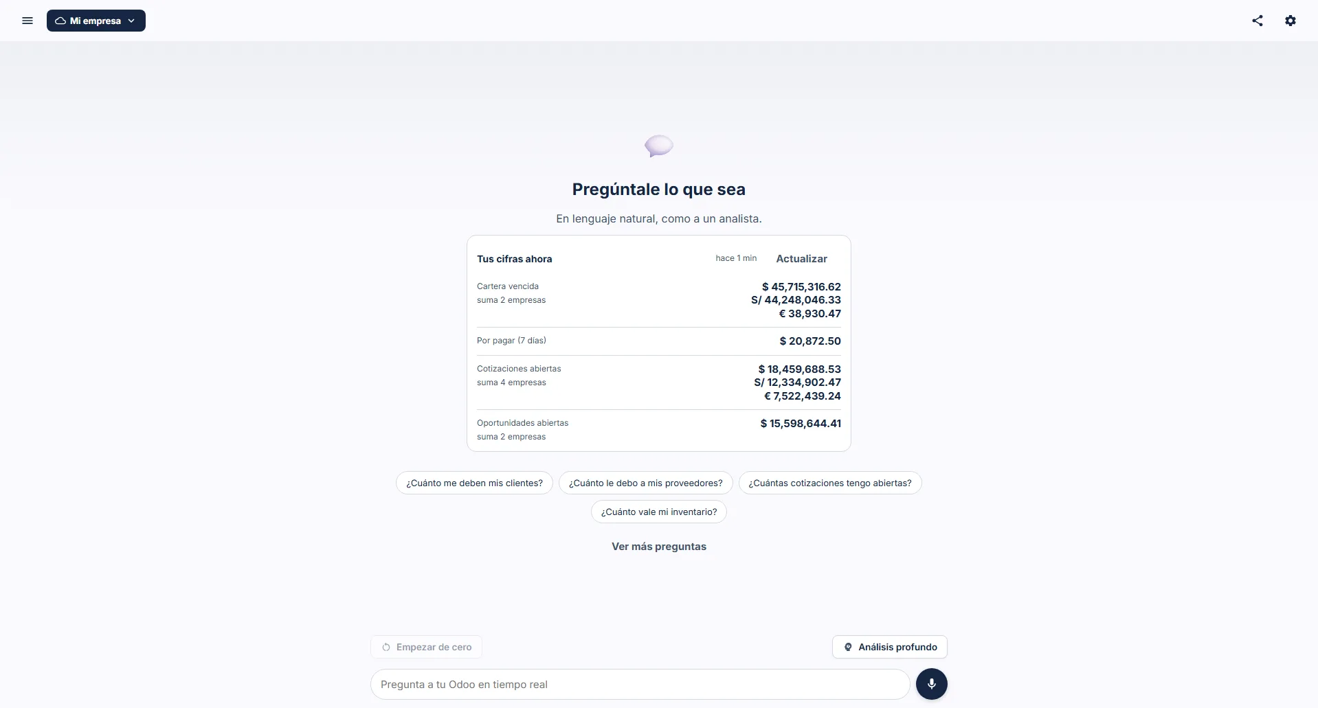 Aski en la web: al abrir el chat, tus cifras del dia separadas por moneda y por empresa