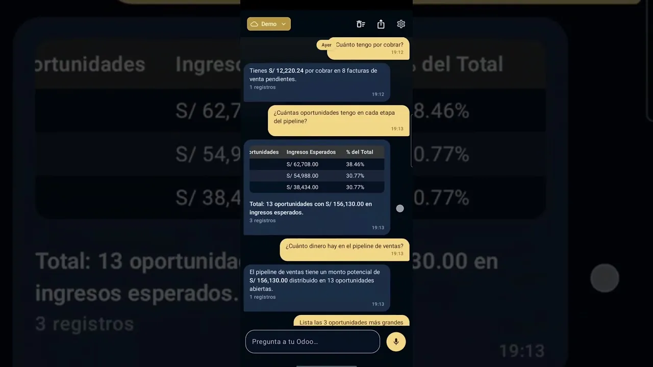 Aski respondiendo en el chat sobre Odoo
