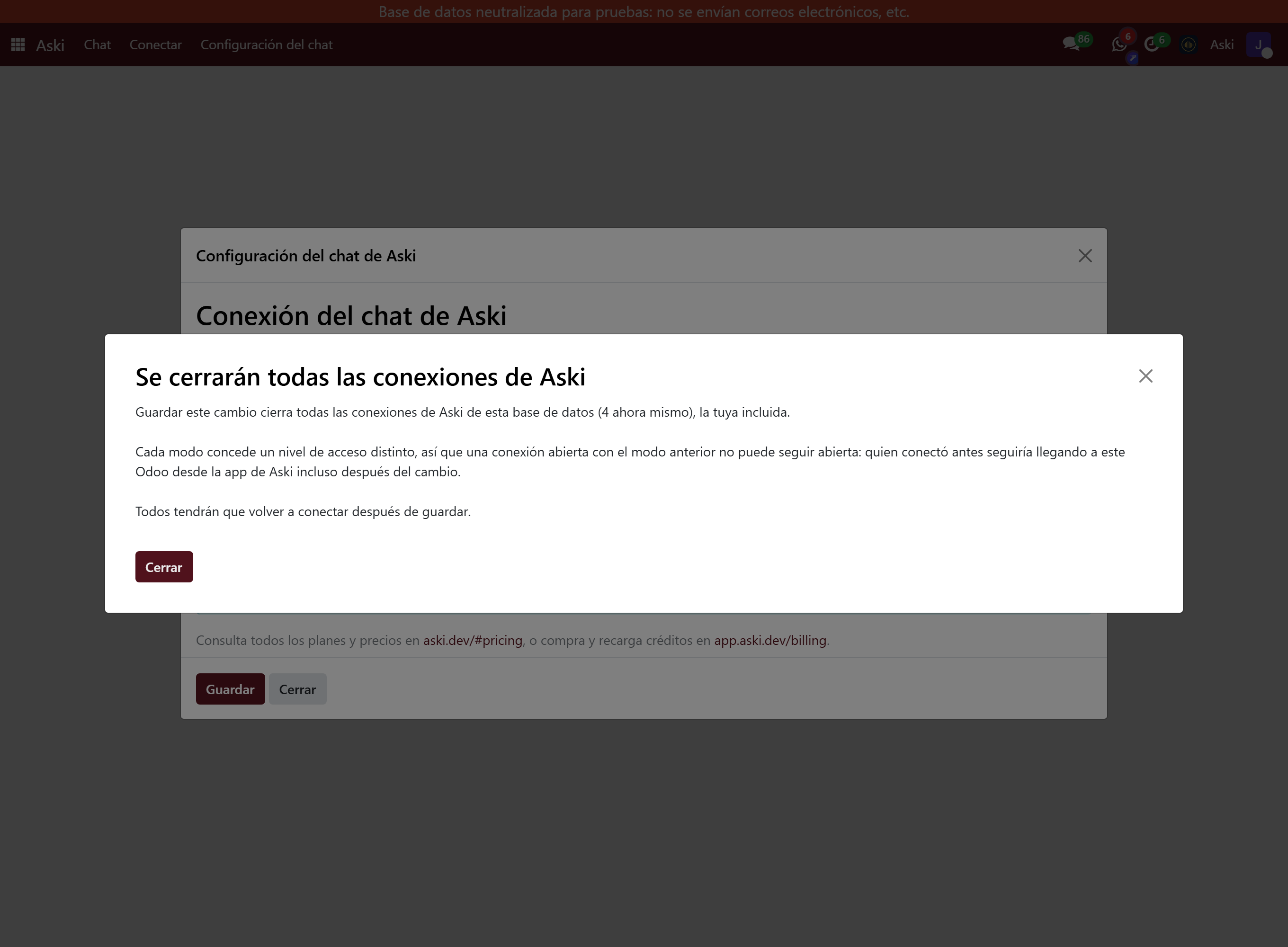 Aviso en Odoo: «Se cerrarán todas las conexiones de Aski». Explica que guardar el cambio cierra todas las conexiones de la base de datos y que todos tendrán que volver a conectar.