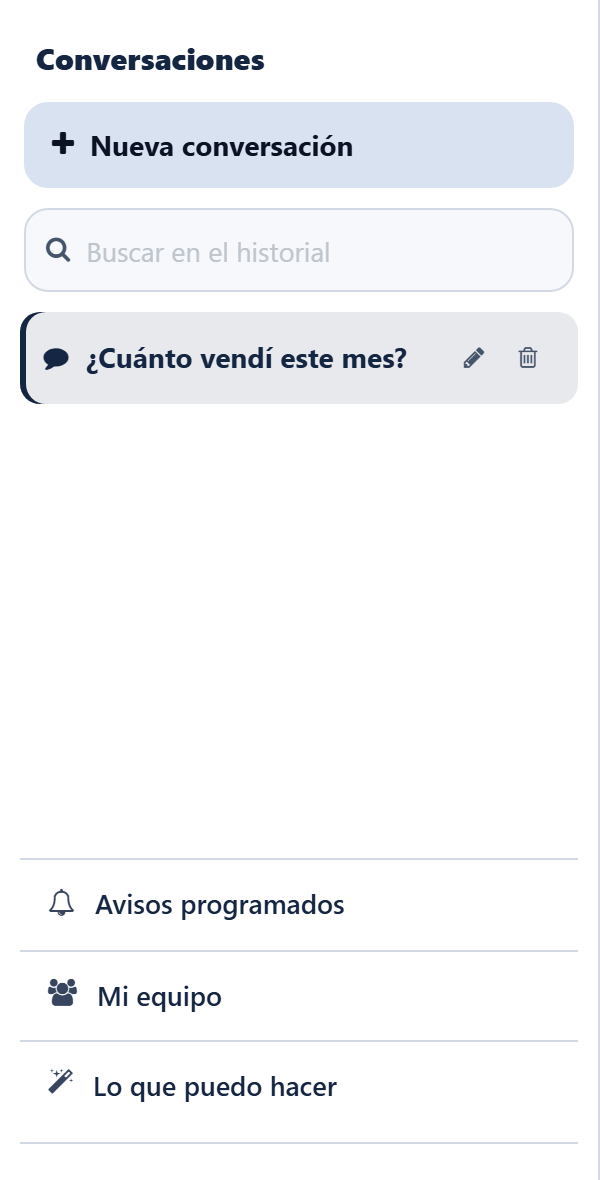Panel lateral del chat con el historial de conversaciones, el buscador y los accesos a Avisos programados, Mi equipo y Lo que puedo hacer.