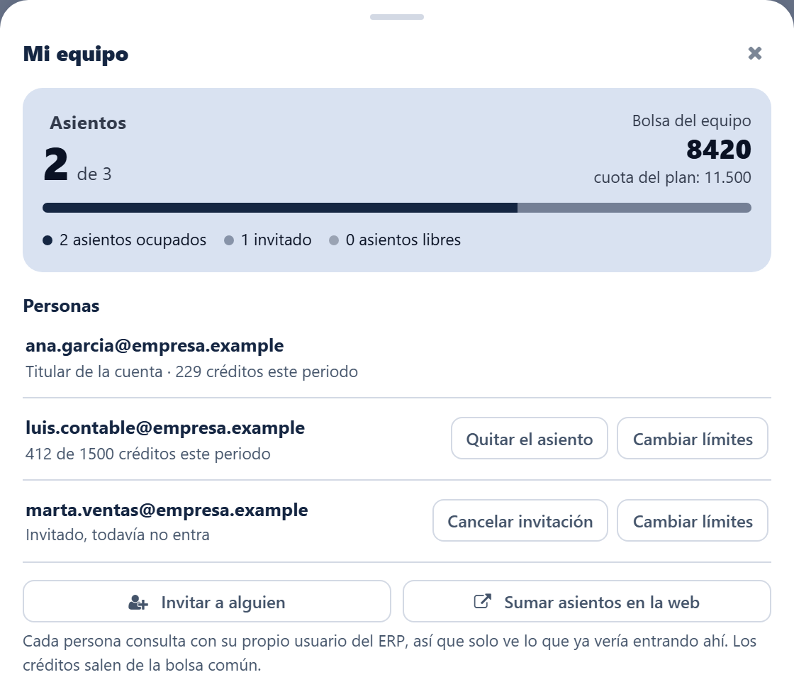 Hoja «Mi equipo» dentro del chat de Odoo: asientos en uso, lista de personas con sus créditos consumidos y botones para invitar y para conseguir más asientos.