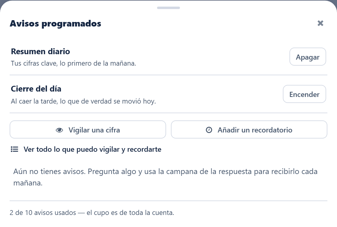 Hoja de avisos programados en el chat de Odoo, con el resumen diario y el cierre del día, los botones para crear un vigía o un recordatorio, y el enlace al catálogo.