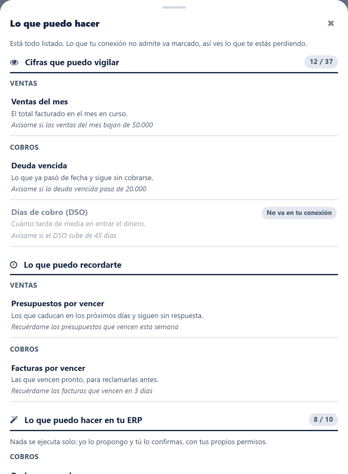 Catálogo «Lo que puedo hacer» en el chat de Odoo: secciones de cifras que puede vigilar y de lo que puede recordar, con el recuento de cuántas van en esta conexión y las no disponibles marcadas.